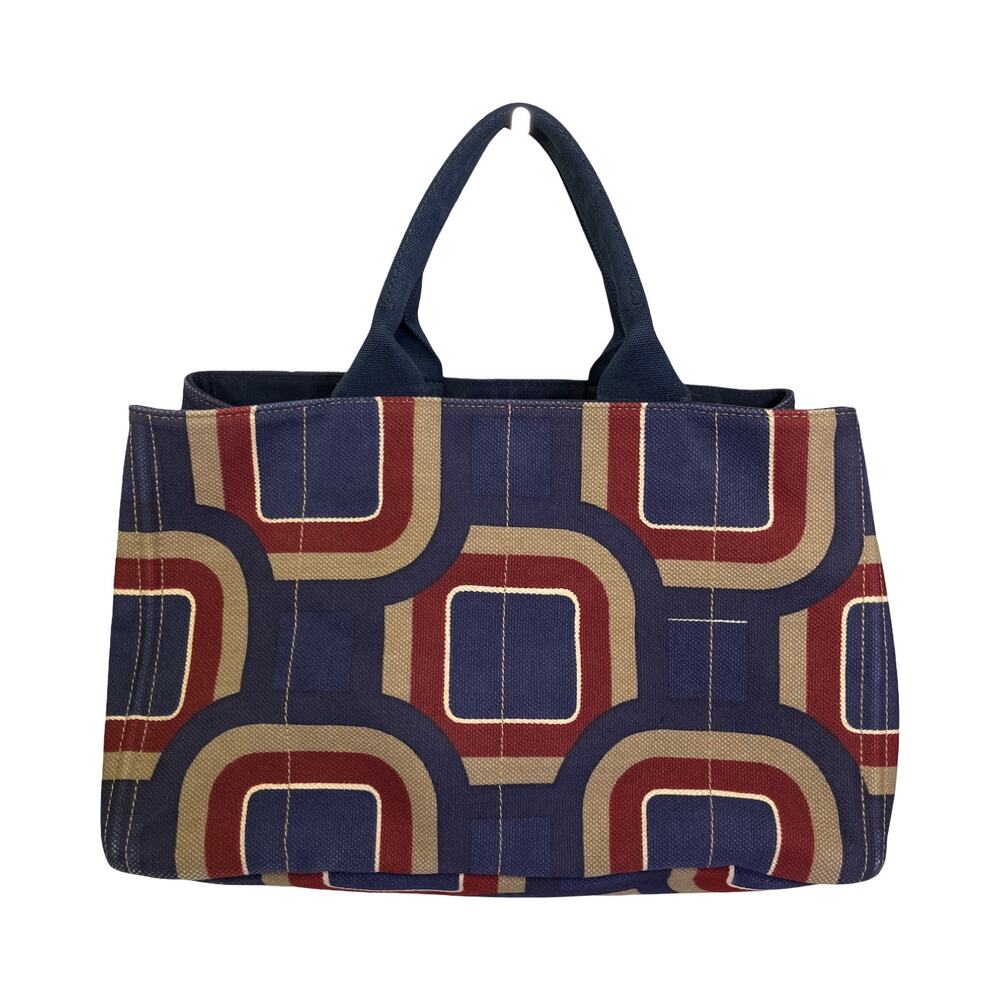 Prada Canapa Stampata Soho GM Geometric Canvas Tote Bag Navy Burgundy Italy